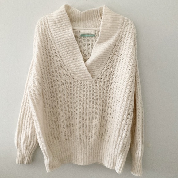 Anthropologie Pilcro Joyce Sweater 1X Chunky Wool Blend V Neck Minimalist Ivory - Picture 2 of 13